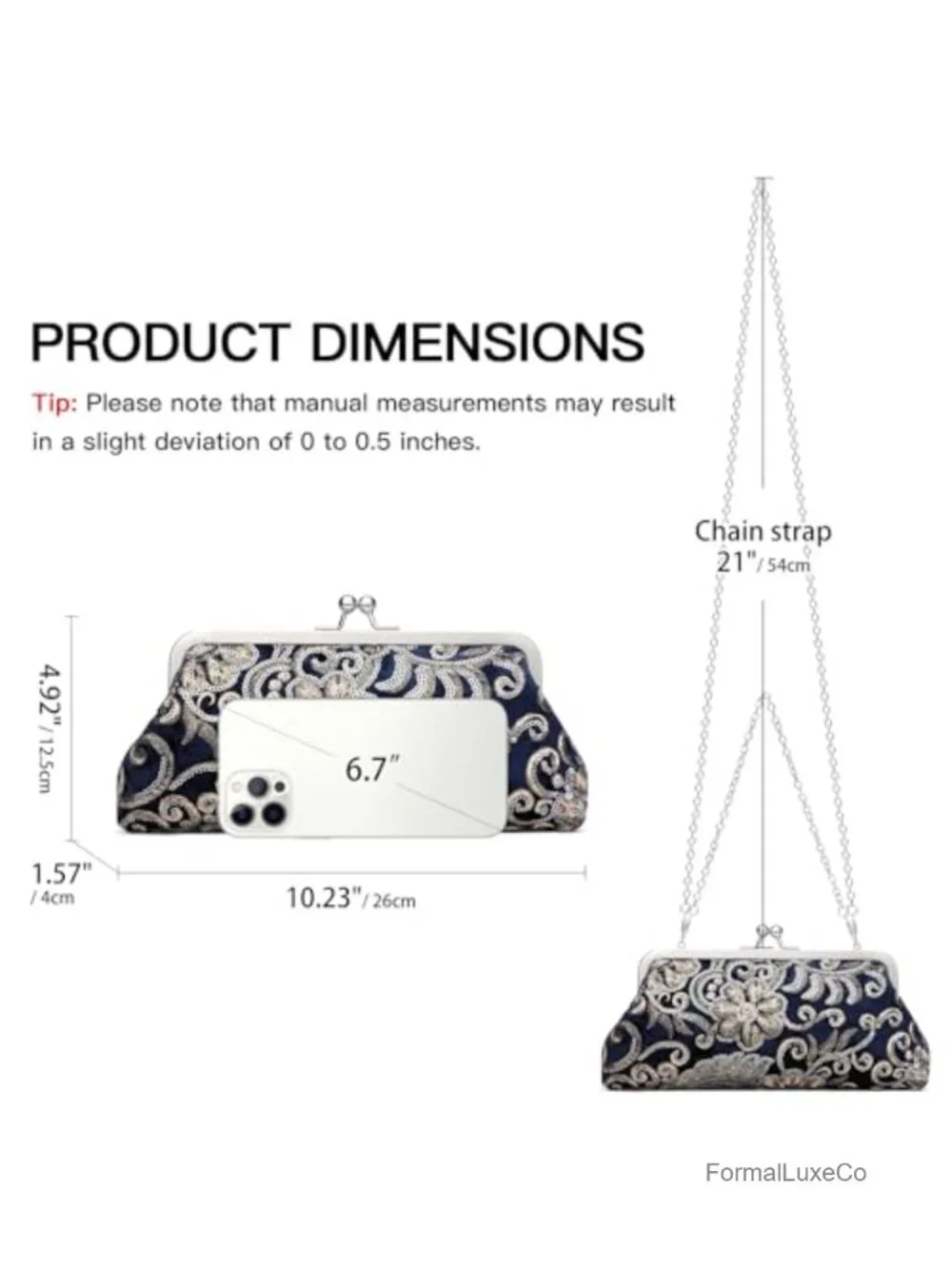 Floral Embroidered Sequin Evening Kiss Lock Clutch Purse with Detachable Chain